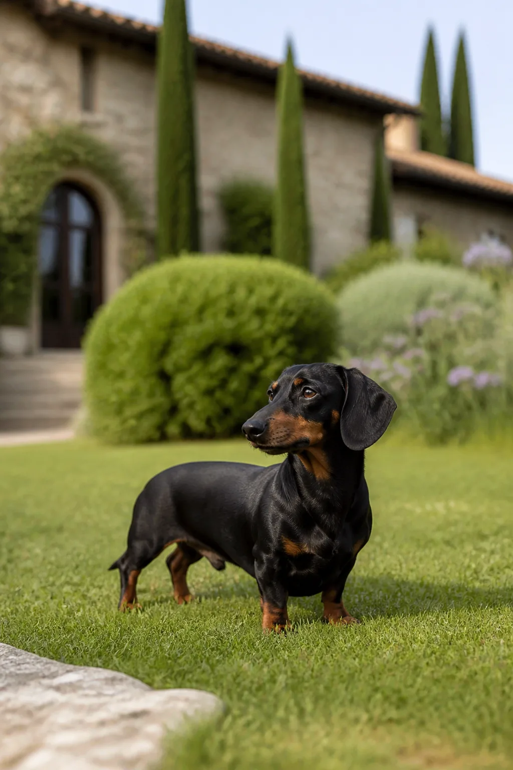 Adult long-haired miniature dachshund with cream and black-and-tan coat standing on ivory linen