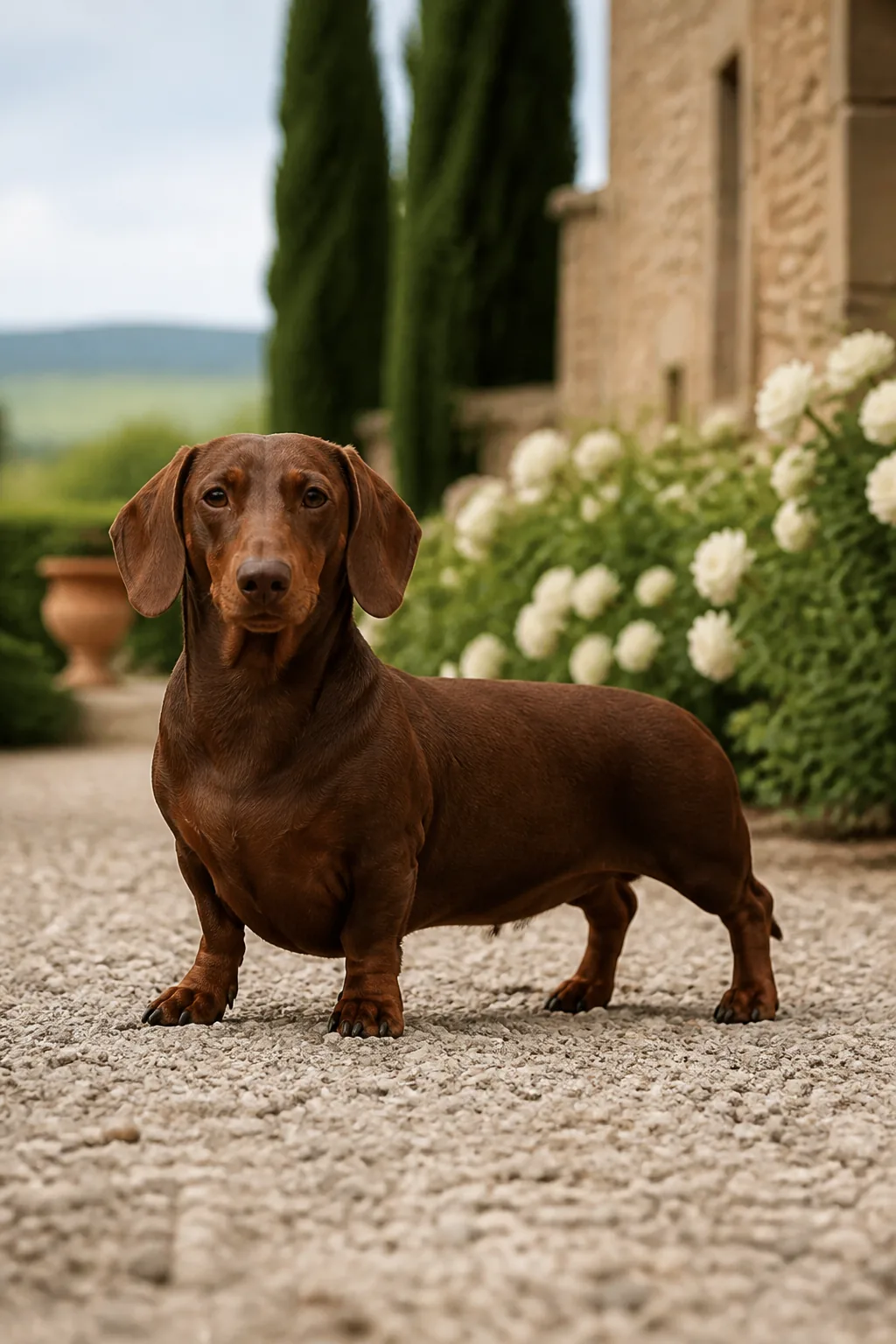 Adult wire-haired standard dachshund with beard and bushy eyebrows standing on ivory linen